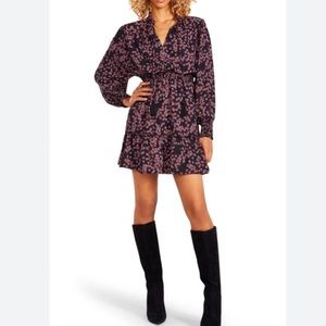 Bb Dakota X Steve Madden Floral Tie Neck Smock Detail Long Sleeve Minidress SZ M